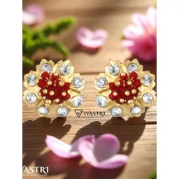 VIVASTRI Women Gold & Red Floral With Artificial Stones Studs Earrings-picture-17