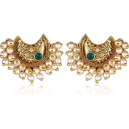 Vivastri"s Gold Plated Alloy Made White Plastic Pearl Beaded Stylish CZ Stone Studded Green Coloured Stud Earring For Women & Girls-VIVA2620ERG-GREEN-picture-11