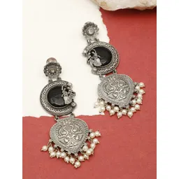 VIVAZS Silver-Plated Emerald Studded Oxidised Contemporary Chandbalis-picture-29