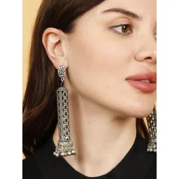 VIVAZS Silver Plated Ghungroo Beaded Cylindrical Shaped Oxidised Drop Earrings-picture-12