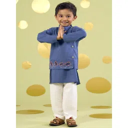 Vivedkids Boys Floral Embroidered Regular Sequinned Pure Cotton Kurta with Trousers-picture-28