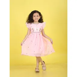 Vivedkids Girls Floral Embroidered Flutter Sleeve Ruffled Fit & Flare Midi Dress-picture-17