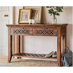 Vivek Wood Solid Sheesham Wood Console Table for Living Room | Wooden Side Entrance Table for Home with 2 Drawers & Shelf Storage | Entryway/Foyer Table | Rosewood, Honey Finish-image-17