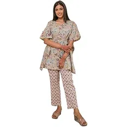 Women's Pastel Grey Vine Print Cotton Kaftan Co-ord Set | Top & Pant Set with Pocket | Summer Ethnic Wear | Relaxed Fit Loungewear for Women-image-13