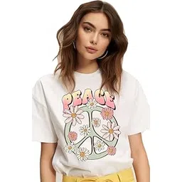 vlam Flower Peace Symbol Printed Graphic Tshirt for Women | Trendy Funky Design Tshirt for Women-picture-23