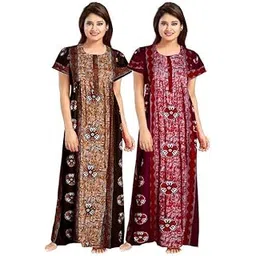 vlazom Nighty for Women Cotton Printed Maxi Gown Ankle Length Nighty Night Dress Gown for Women Maxi - Free Size (Pack of 2)-picture-52