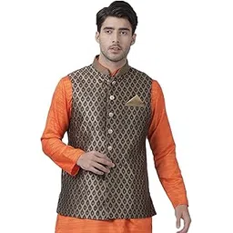 Men Men's Dark Blue Silk Blend Nehru Jacket-image-7