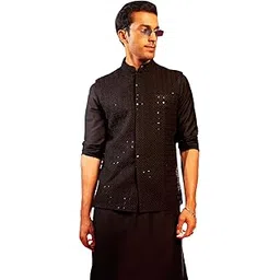Men's - Nehru Jacket, Rayon Sequined Embroidered Nehru Jacket For Men, Traditional Indian Festive & Wedding Wear-image-0