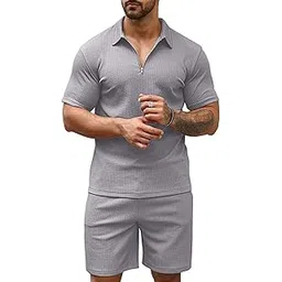 vogaan Men's Polo Shirt and Shorts Set | Summer Fashion Short Sleeve Solid Zipper 2 Pieces Outfits for Men-picture-23