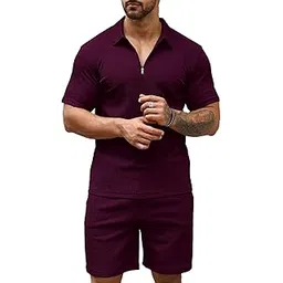 Vogaan Men's Polo Shirt and Shorts Set | Summer Fashion Short Sleeve Solid Zipper 2 Pieces Outfits for Men-picture-36