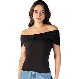 vogard Women's Off-Shoulder Black Top with Front Twist Knot | Slim Fit Stretchable Blouse for Party, Casual Elegant Western Top for Girls-picture-52