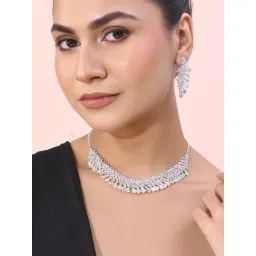 VOJ Ad Stone Studded Silver Plated Necklace with Drop Earrings Set for Women image 1