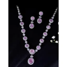VOJ Baby Pink AD Stone Studded Silver Plated Jewellery Necklace With Earrings Set-picture-11