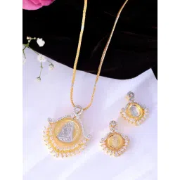 VOJ Dual Toned AD-Studded Designer Pendant With Chain And Earrings Set-picture-47
