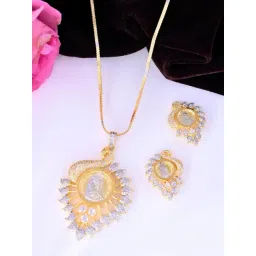 VOJ DUAL Toned AD-Studded Peacock Shaped Chain With Earrings Set-picture-19