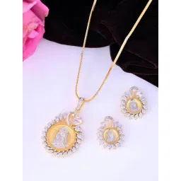 VOJ Dual Toned AD-Studded Pendant with Chain and Earrings Set-image-0