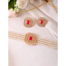 VOJ Gold Plated Pearl & Pink Stone Studded Choker & Earrings Set-picture-25