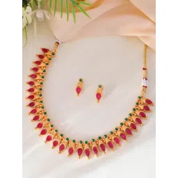 VOJ Gold Plated Tear Drop Shaped Designed Necklace With Earrings Set-picture-12