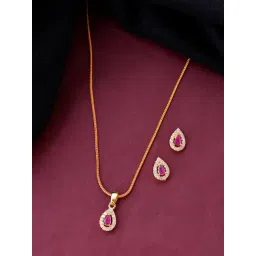VOJ Gold Plated Tear Drop Shaped Ruby Red Stone Studded Necklace & Earring Set-picture-29