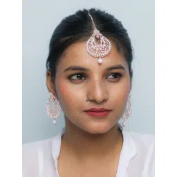 VOJ Gold Plated with White Pearl and Stone Studded Earring with Mang Tikka Set for Women-picture-13
