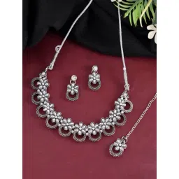 VOJ Oxidized Floral Stone Studded Necklace, Earring & Maangtikka Set-picture-47