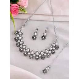 VOJ Oxidized Oxidized Floral Designed Stone Studded Necklace, Earring & Maangtikka Set-picture-40