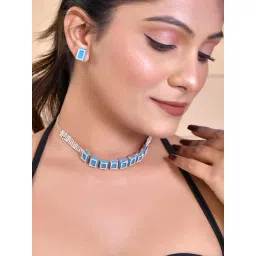 VOJ Rose Gold Plated American Diamond Blue Cubic Studded Jewellery Set for Women-image-3