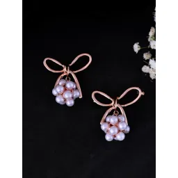 VOJ Rose Gold Plated Pearl With Bow Shapped Designer Earrings-image-9