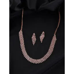 VOJ Rose Gold Plated Stone Studded Necklace & Earring Set-image-2