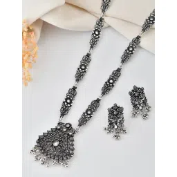 VOJ Silver Oxidized Plated Artificial Stone & Beaded Long Necklace & Earring Set-picture-10