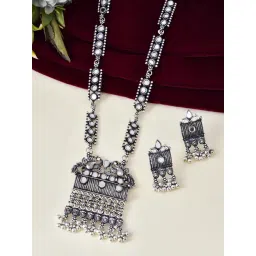 VOJ Silver Oxidized Plated Stone Studded Beaded Long Necklace & Earring Set-picture-40