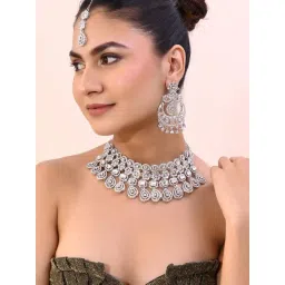 VOJ Silver Plated Ad Studded Necklace with Earrings and Mangtikka Set for Women-picture-26