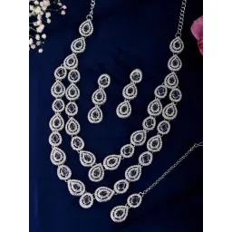VOJ Silver Plated American Diamond Studded Jewellery Necklace With Earring And Maang Tikka Set-picture-22