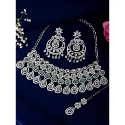 VOJ Silver-Plated American Diamond Studded Jewellery Necklace With Earring And Maang Tikka Set-picture-28