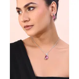 VOJ Silver Plated Chan with Pink and White Ad Stone Studded Pendant and Earrings Set for Women-picture-32