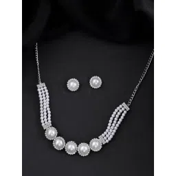 VOJ Silver Plated Pearl And CZ Stone Necklace & Earring Set-picture-44