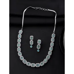VOJ Silver Plated Sea Green Stone Studded Rectangular AD Necklace & Earring Set-picture-19