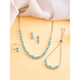 VOJ Silver Plated Teal Stone Studded Necklace, Bracelet, Ring & Earrings Set image 1