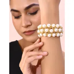 VOJ White and Gold Toned Perals Gold Plated Multi Strand Bracelet for Women-picture-19