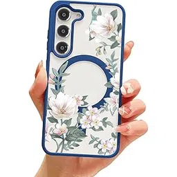 VONZEE Compatible with Samsung Galaxy S25 FE 5G Case Luxury Retro Flowers Floral Clear for Magnetic Wireless Charging Case Shockproof PC+TPU Cute Glossy Shiny Cover for Girls Women, Blue-picture-18