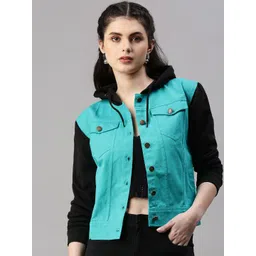 VOXATI Colourblocked Hooded Crop Denim Jacket-picture-26