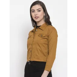 VOXATI Women Mustard Yellow Solid Denim Jacket image 3