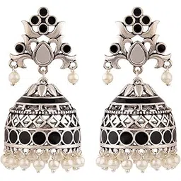 voylla Brass Silver Oxidised Plating Rangabati Pink Embellishments Jhumka Earrings with Pearl Beads for Women and Girls-picture-51
