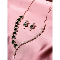 Voylla CZ Rose Gold Plated Pearl Brass Necklace Set with Green Stone-picture-45