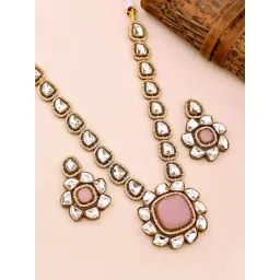 Voylla Gold Kundan Opulence Golden Petals Pink Kundan Necklace & Earring Set-picture-22