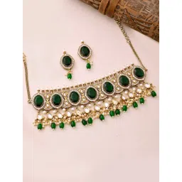 Voylla Gold Kundan Opulence Maharani Shahi Kundan Choker Necklace & Earring Set-picture-29