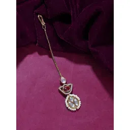 Voylla Gold-Plated Kundan Studded & Pearls Beaded Maang Tikka Head Jewellery-picture-34