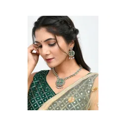 Voylla Hasli Teardrop Elegance Green Gold Kundan Necklace Set-picture-10