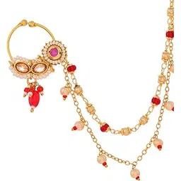 voylla Kundan Elegance The Maharani's Gold Nose Ring With Chain|Women Nose Rings Nose Rings And Pins|Nose Rings And Pins For Women|Kundan|Wedding|Ethnic|Party|Festive|Pooja|Gift for Women|-picture-11
