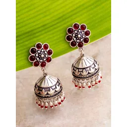 Voylla Maroon Oxidised Silver-Plated Handcrafted Dome Shaped Jhumkas-picture-15